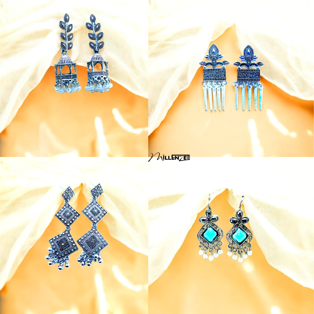 Set of 4 Exquisite Oxidized Silver Jhumka Earrings