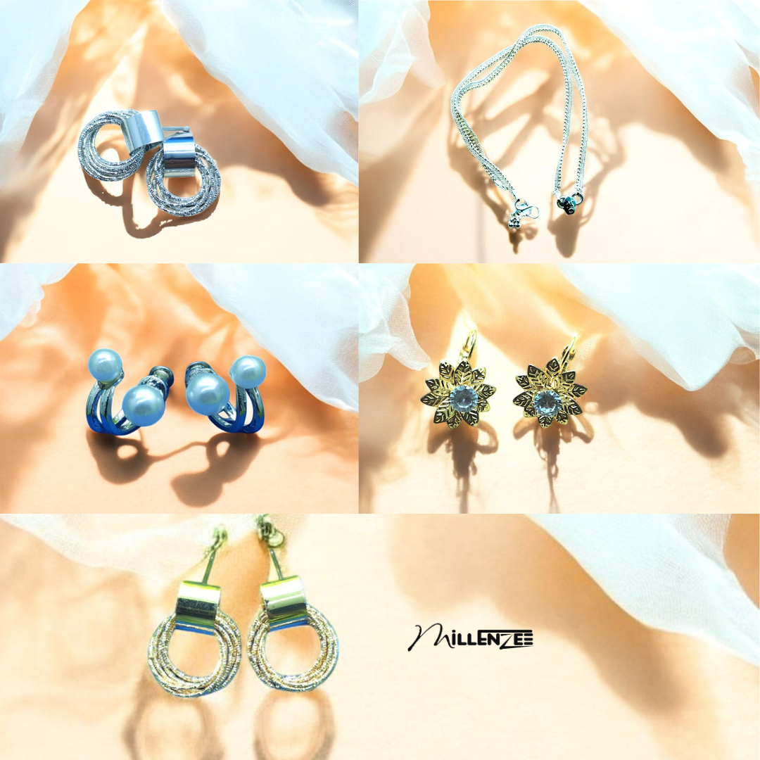 Set of 4 Elegant Gold & Silver Earrings and 1 Anklet Free